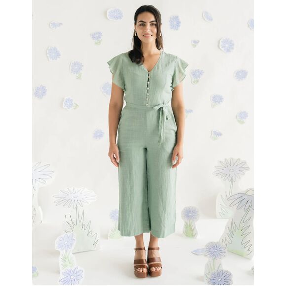 NWT HarperSage Harper Terra Jumpsuit Green Flutter Sleeve Tie Waist Size Large - Picture 1 of 14